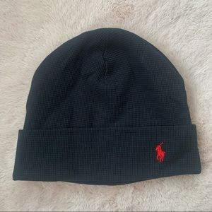 Polo by Ralph Lauren Beanie- Cuffed, Black, Waffle Knit, Red Big Pony Logo